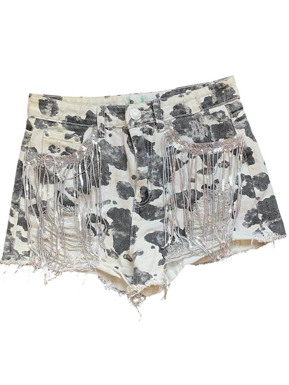 Cow Print Fringe Denim shorts